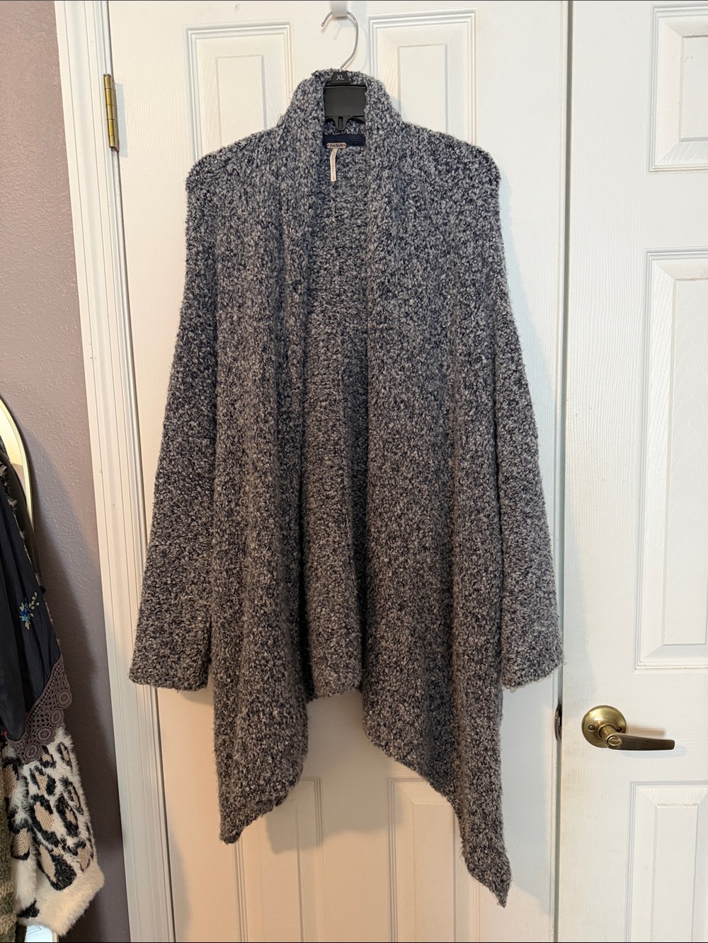 Free People Heathered Navy Textured Open Front Waterfall Cardigan